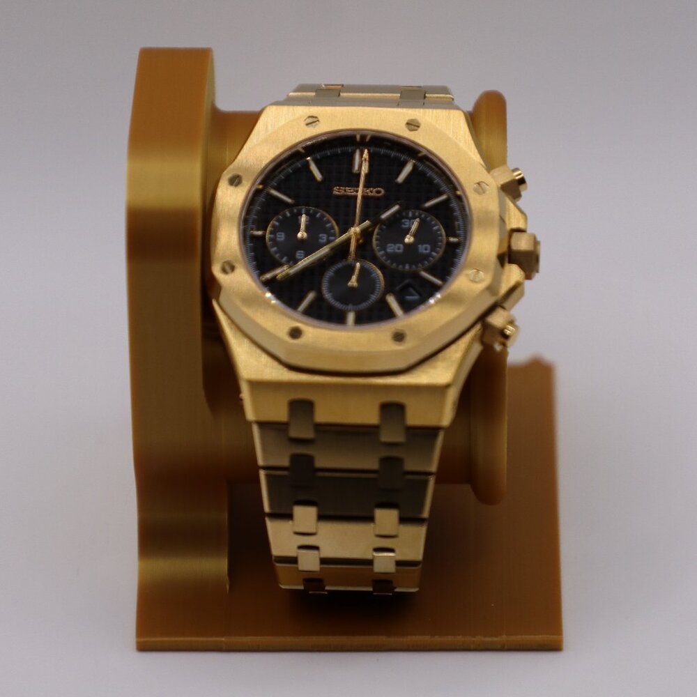 41mm Gold Quartz Chronograph Seiko Mod – VK63 | Black Waffle Dial | Hex Bezel